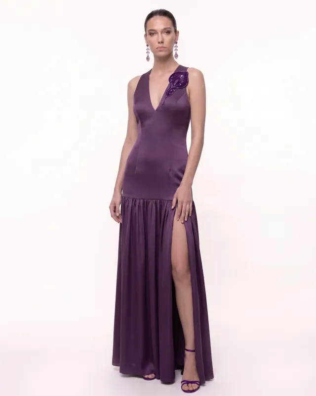 Calla Lily Embellished Plunge-Neck Drop-Waist Slit Maxi Dress - Purple made by JW PEI