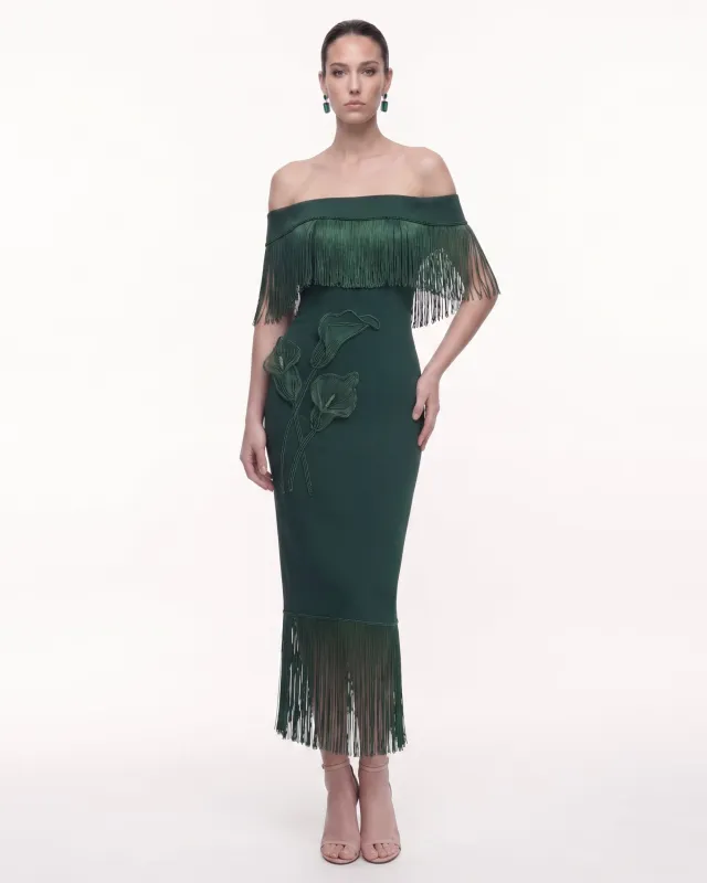 Calla Lily Off-Shoulder Fringe Midi Dress - Emerald Green made by JW PEI
