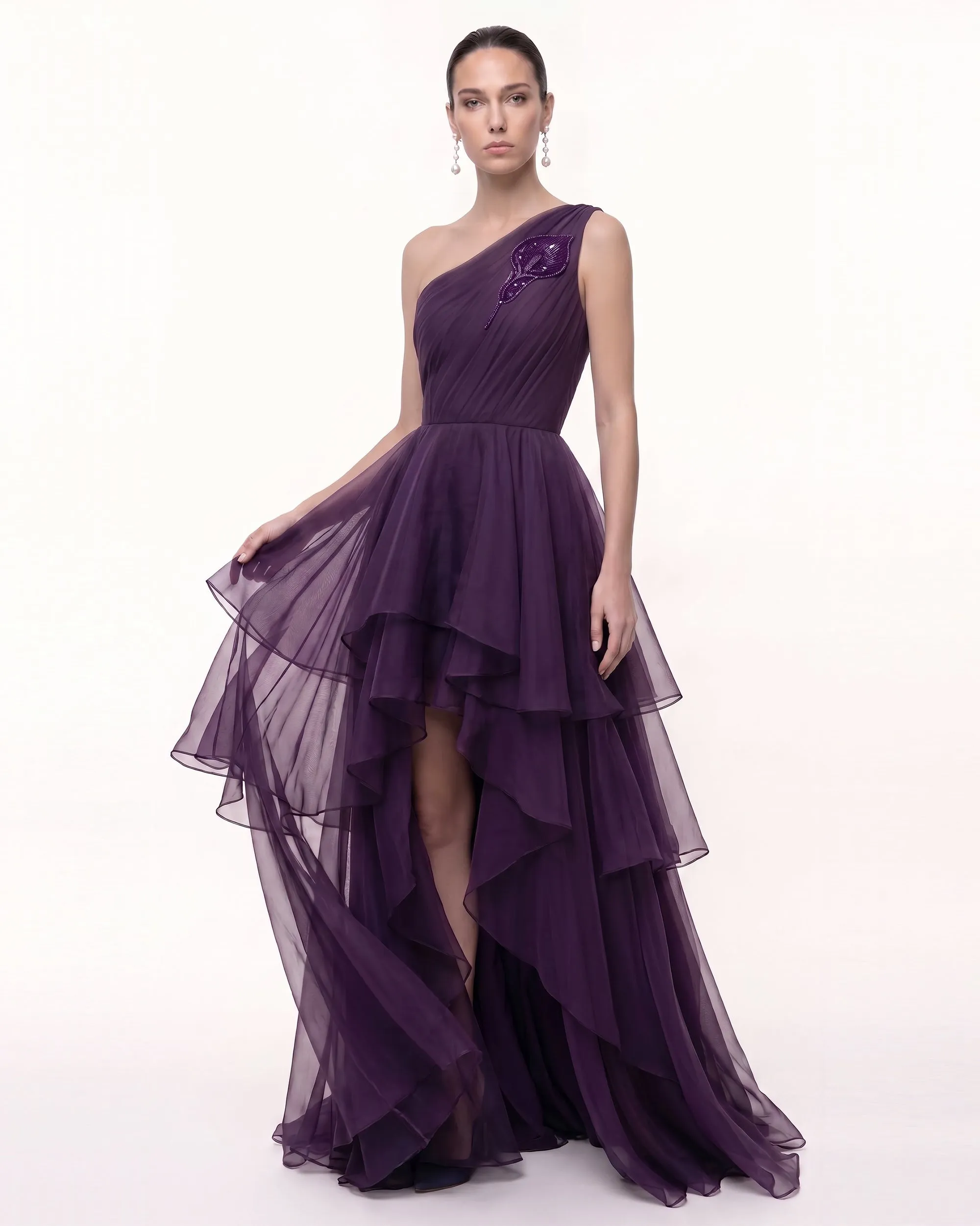 Calla Lily Embellished One-Shoulder Tiered High-Low Gown - Purple sold by JW PEI