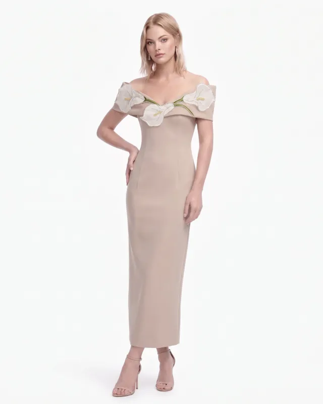 Calla Lily 3D Floral Off Shoulder Maxi Dress - Taupe made by JW PEI