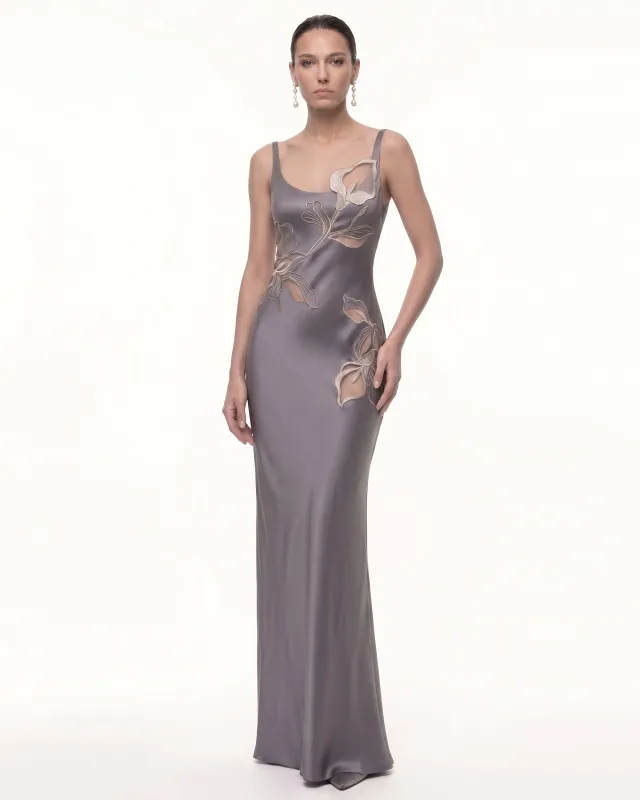 Calla Lily 3D Floral Satin Maxi Dress - Gray Purple made by JW PEI