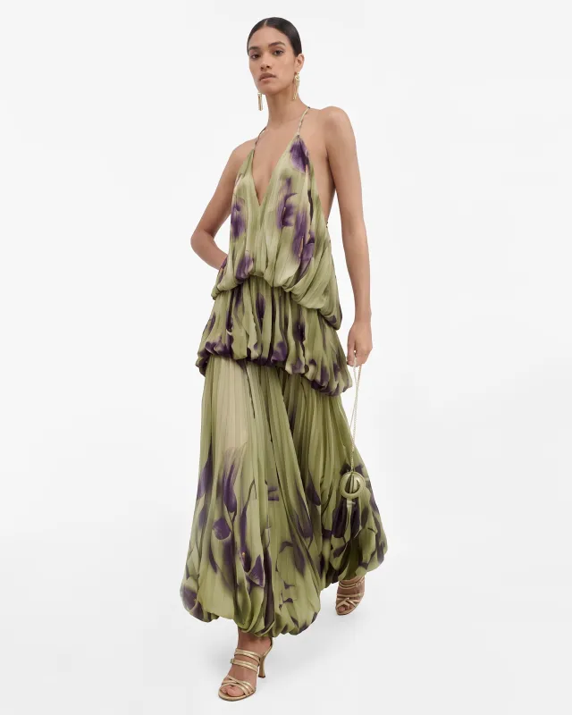 Floral Print Plunge-Neck Tiered Bubble-Hem Maxi Dress - Olive Green made by JW PEI