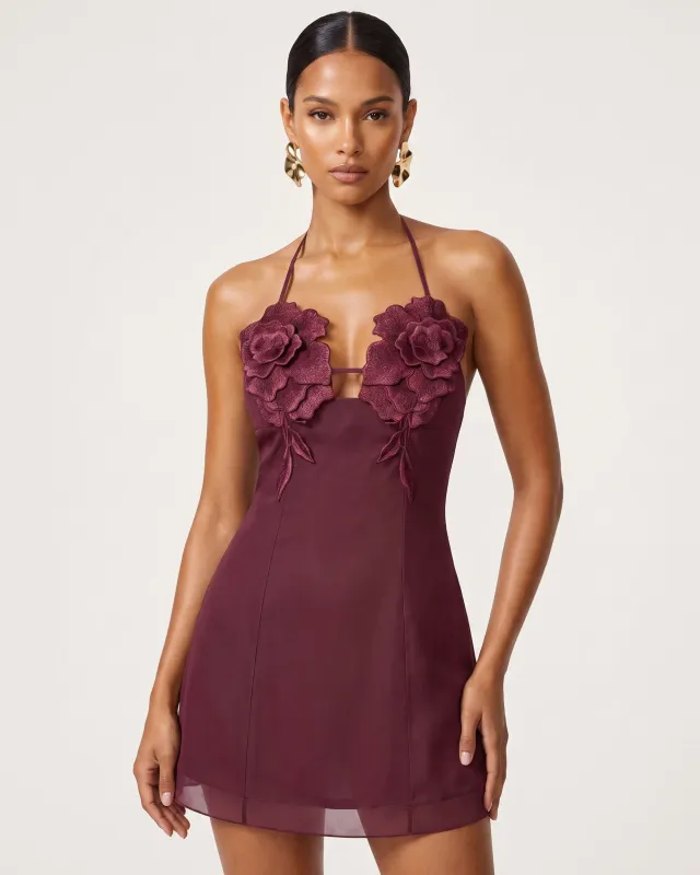 Flower Embroidered Mini Dress - Burgundy made by JW PEI