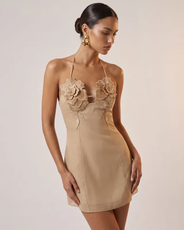 Flower Embroidered Mini Dress - Mocha Brown made by JW PEI