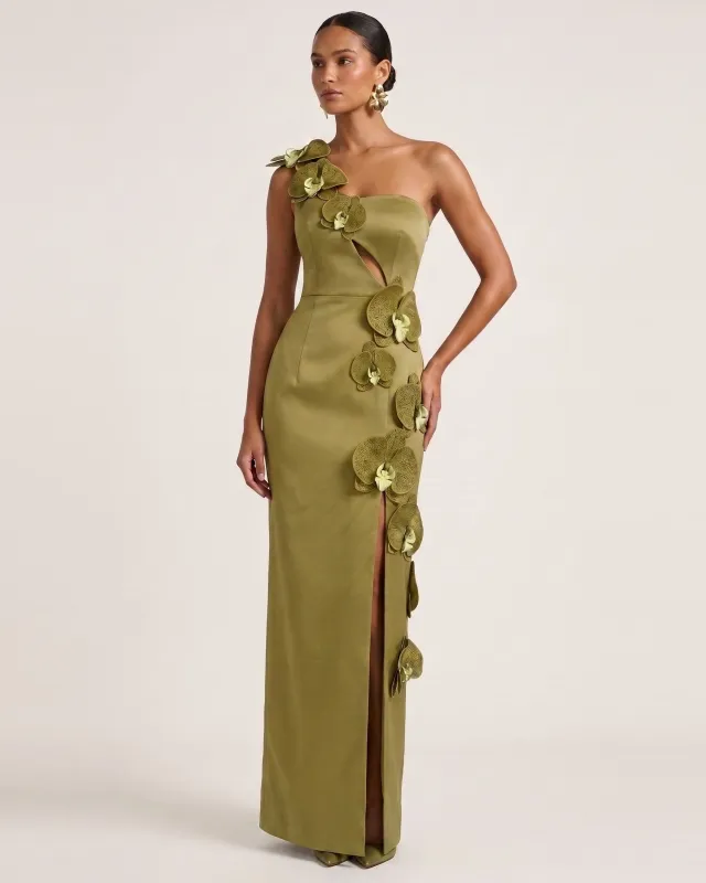 Orchid Embellished Cutout Slit Maxi Dress - Yellowish Green made by JW PEI