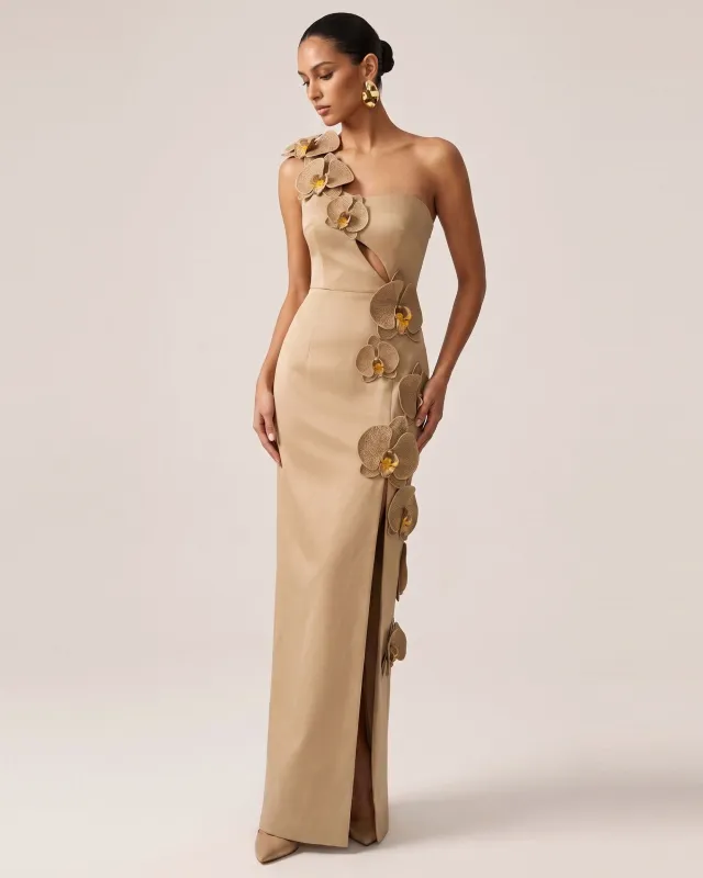 Orchid Embellished Cutout Slit Maxi Dress - Mocha Brown made by JW PEI