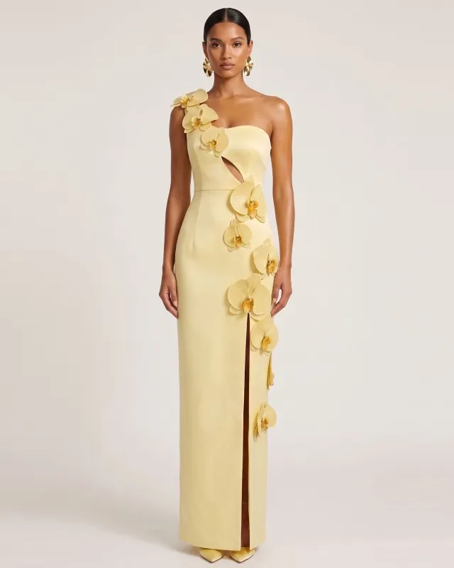Orchid Embellished Cutout Slit Maxi Dress - Light Yellow made by JW PEI