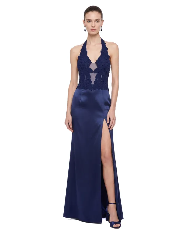 Floral Lace Halter Slit Satin Maxi Dress - Navy made by JW PEI