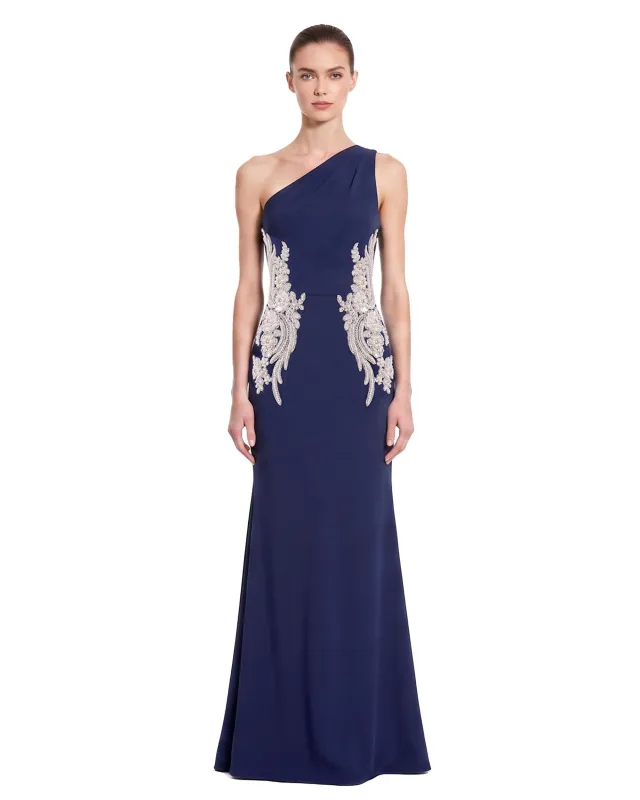 Embellished One-Shoulder Column Maxi Dress - Navy made by JW PEI