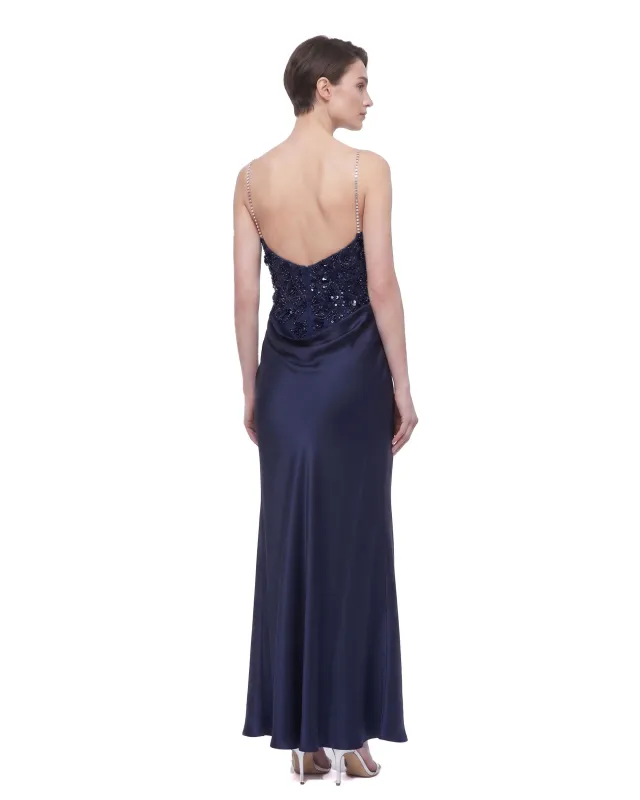 Floral Embellished Cowl-Neck Open-Back Satin Maxi Dress - Navy made by JW PEI