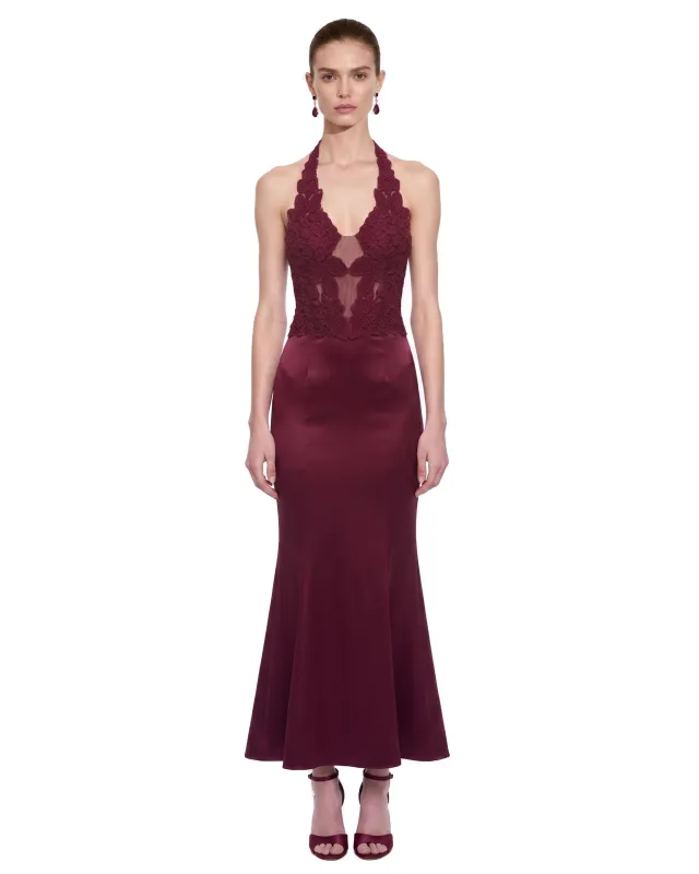 Floral Lace Sheer-Panel Halter Mermaid Dress – Burgundy made by JW PEI