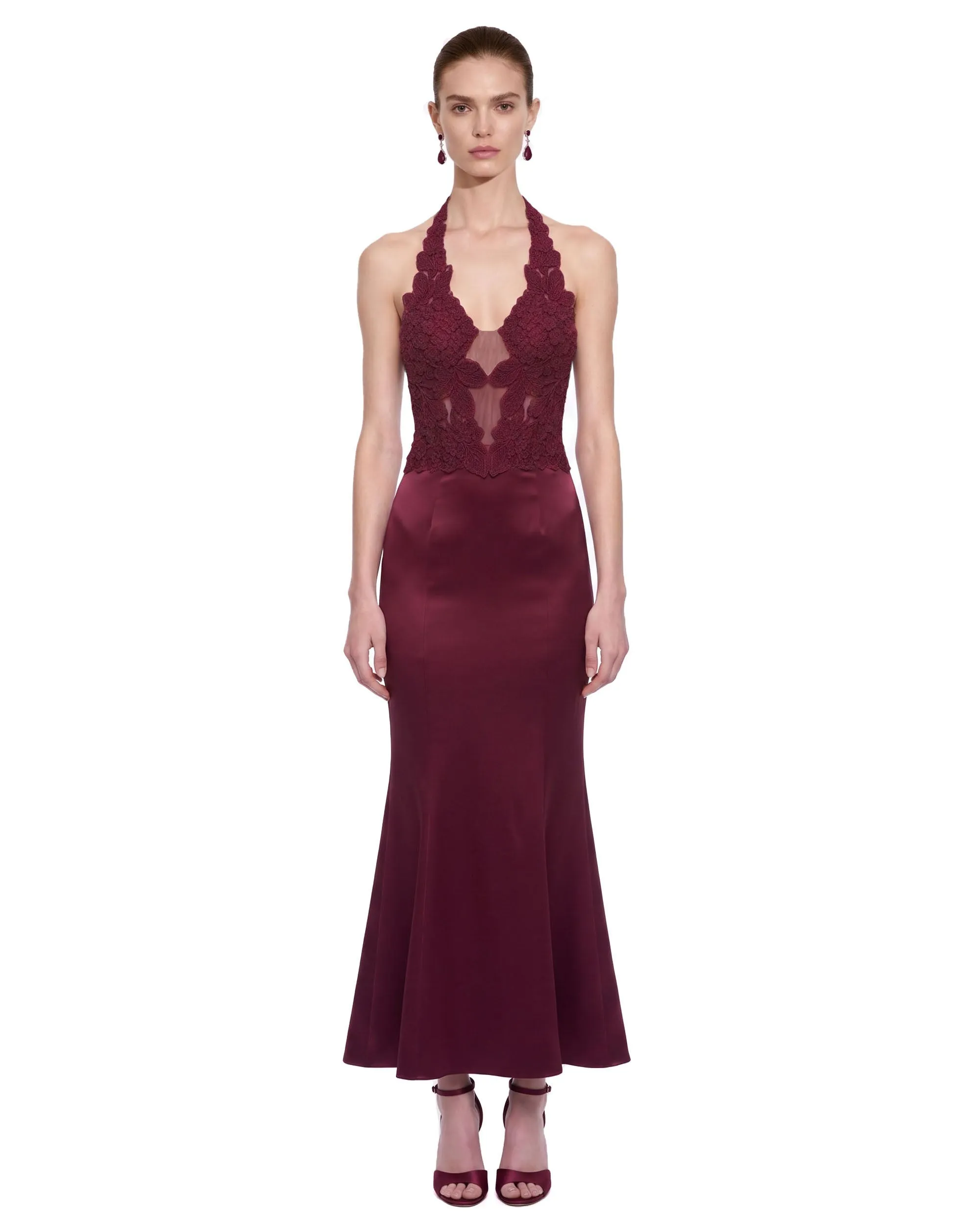 Floral Lace Sheer-Panel Halter Mermaid Dress – Burgundy sold by JW PEI