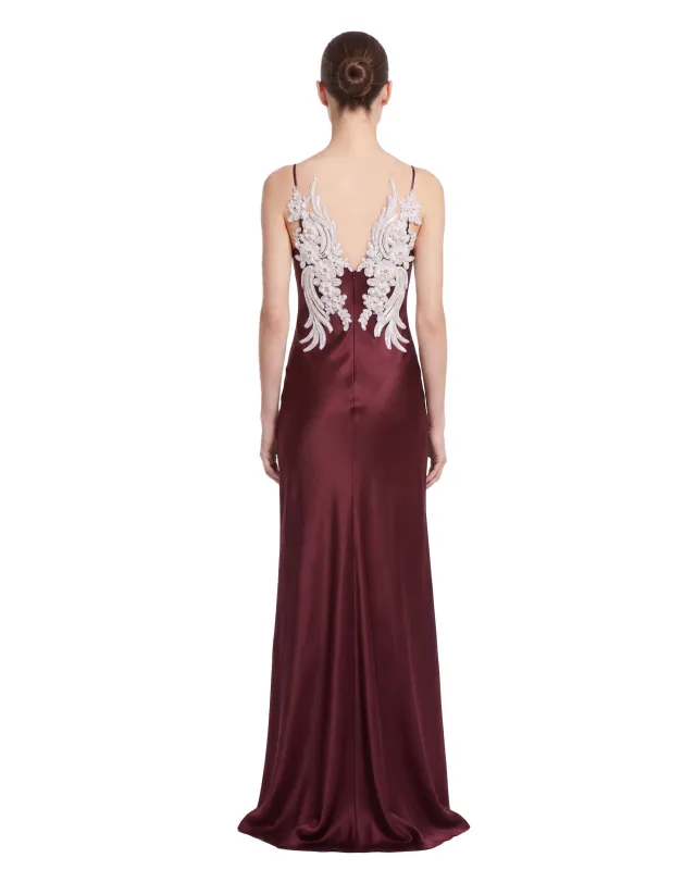 Floral Embellished Open-Back Satin Maxi Dress - Burgundy made by JW PEI