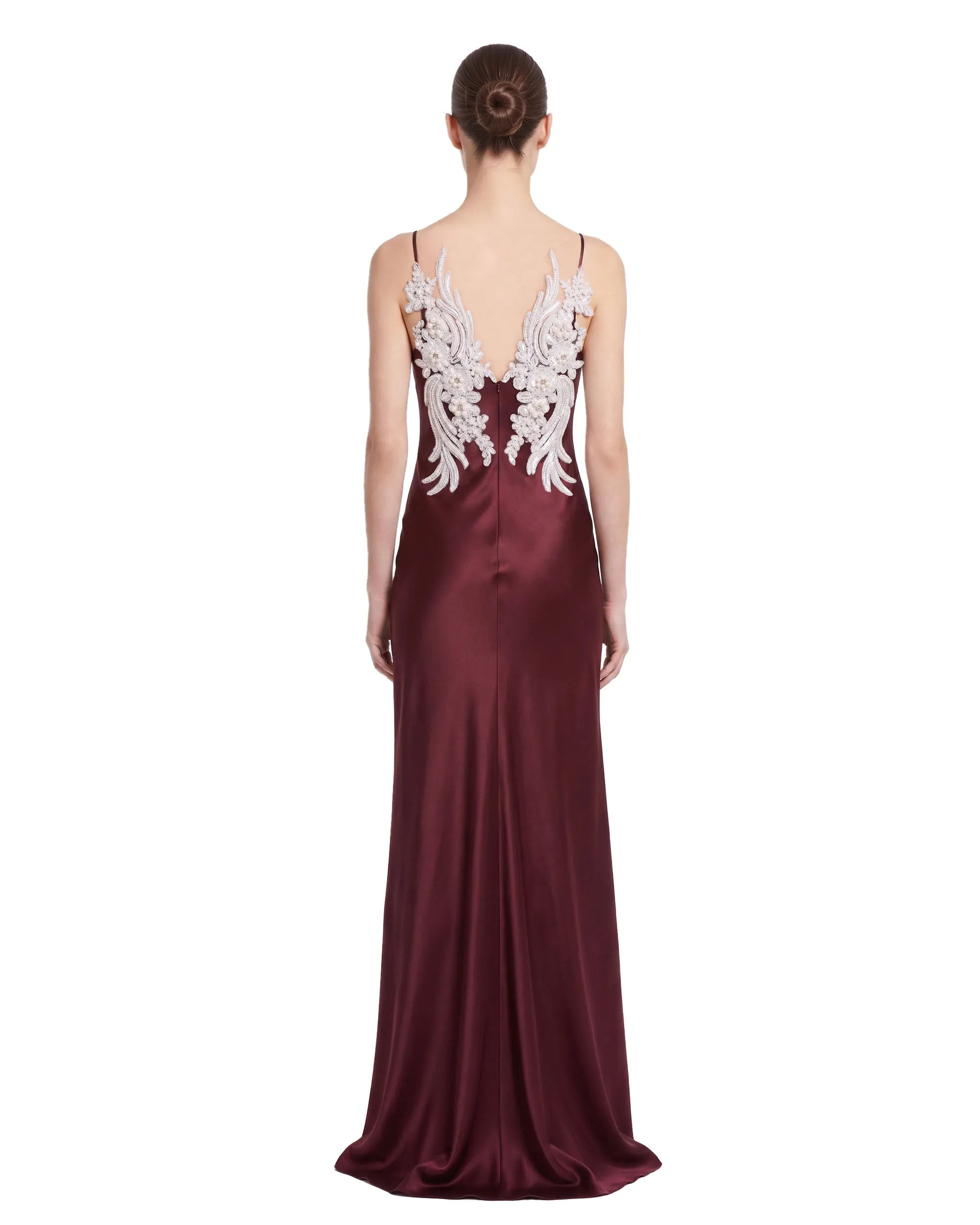 Floral Embellished Open-Back Satin Maxi Dress - Burgundy sold by JW PEI