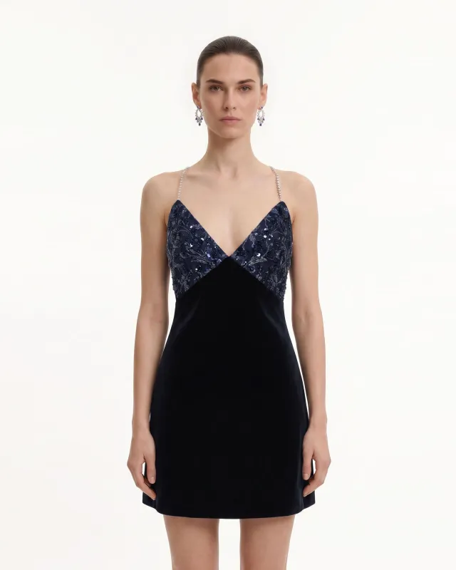 Beaded Floral Strappy Open-Back Mini Dress - Black & Navy made by JW PEI