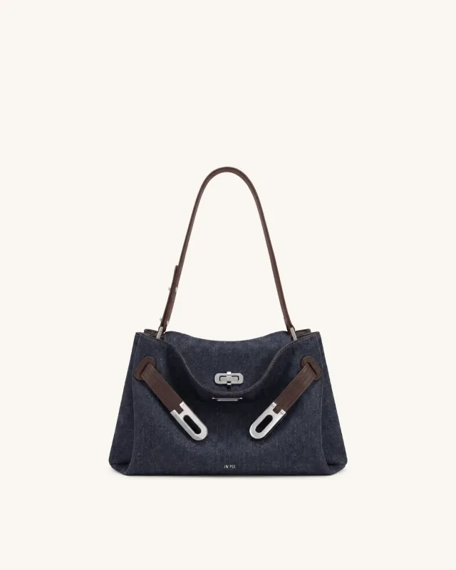 Rhea Double Buckle Shoulder Bag - Ink Blue Denim made by JW PEI