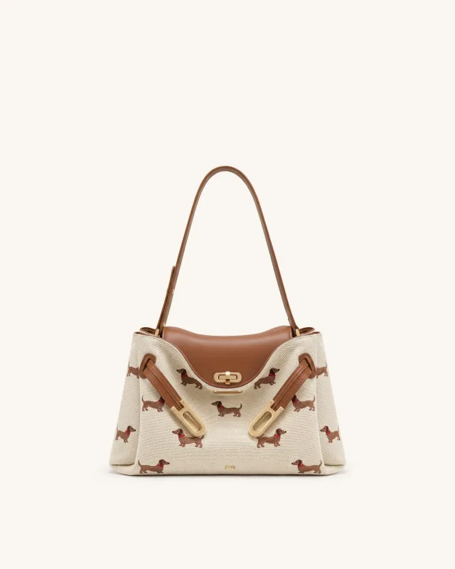 Rhea Dachshund Embroidered Double Buckle Shoulder Bag - Brown Canvas made by JW PEI