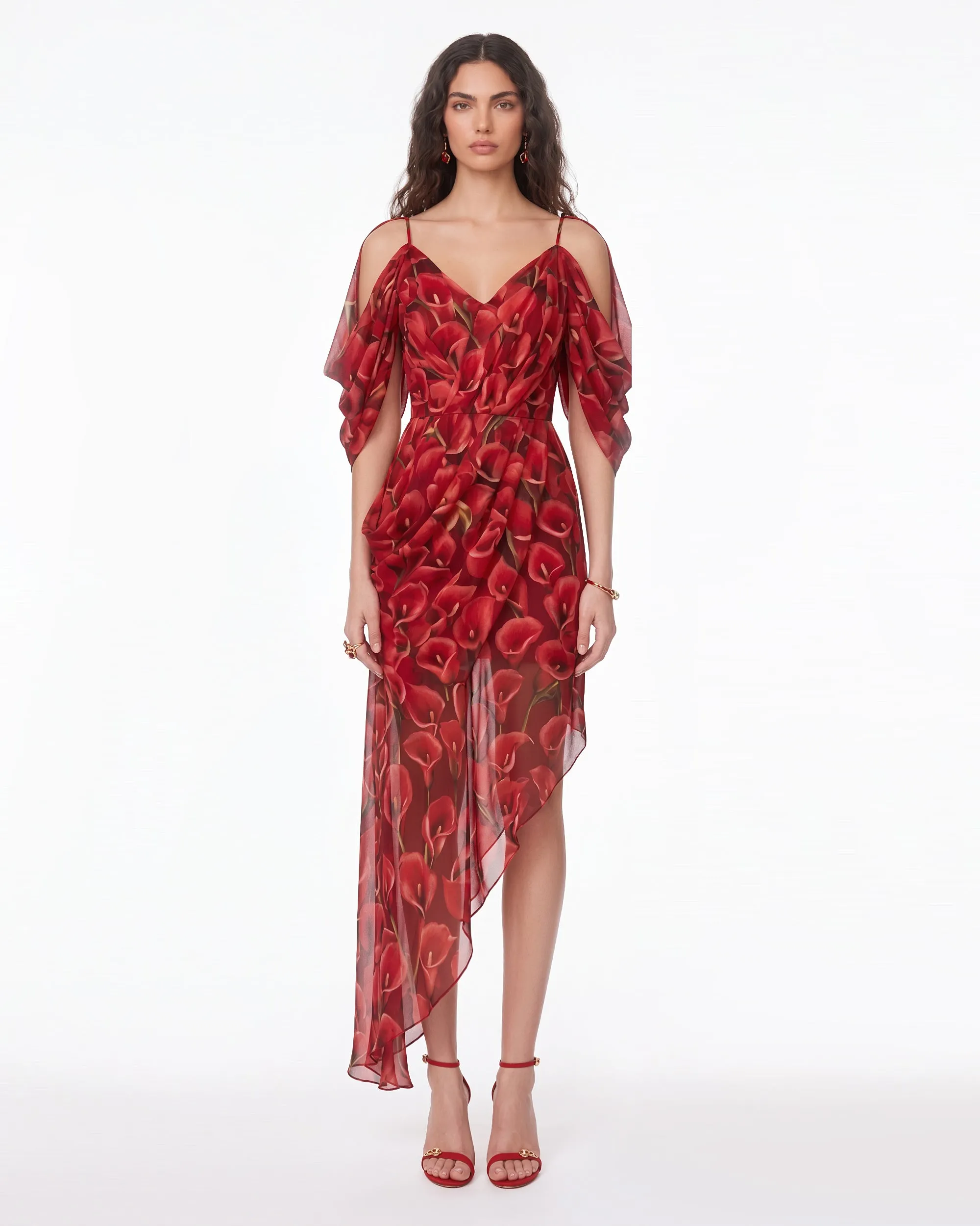 Calla Lily Draped Cold-Shoulder Asymmetric Midi Dress - Red sold by JW PEI