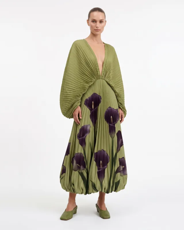 Calla Lily Pleated Balloon-Hem Maxi Dress - Olive Green made by JW PEI