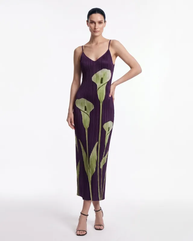 Calla Lily Pleated Strappy Midi Dress - Purple & Green made by JW PEI