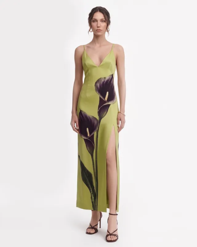 Calla Lily Cami Slit Satin Maxi Dress - Lime Green made by JW PEI