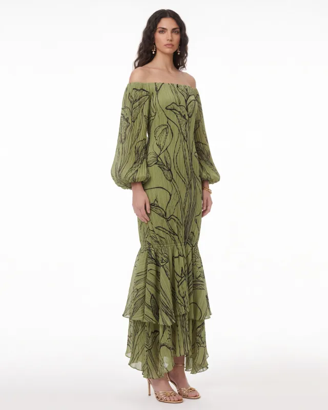 Floral Print Off-Shoulder Tiered Maxi Dress - Olive Green made by JW PEI