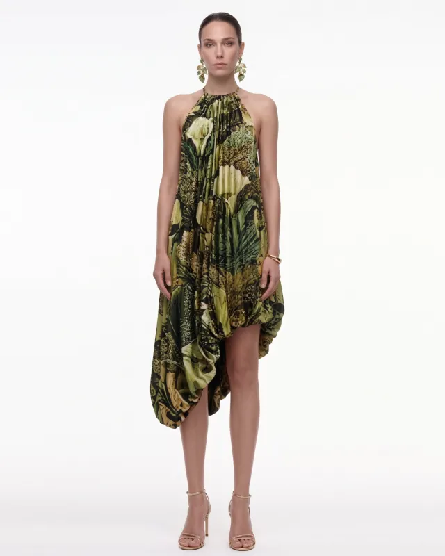Floral Print Halter Asymmetric Bubble-Hem Midi Dress - Olive Green made by JW PEI