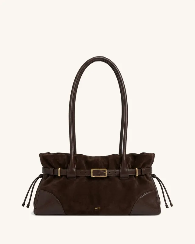 Nerissa Faux Suede Panel Drawstring Soft Shoulder Bag – Dark Brown made by JW PEI
