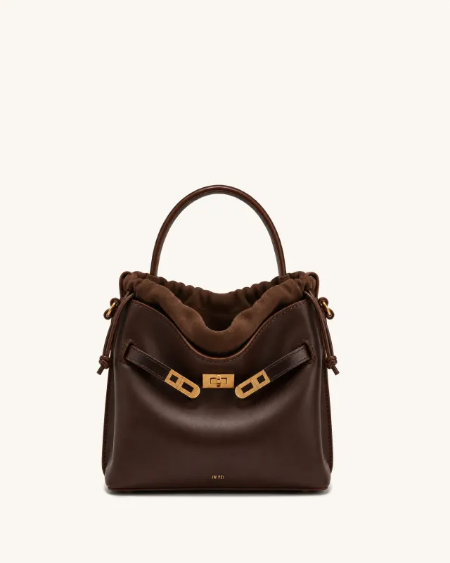 Rhea Drawstring Buckle Accent Top Handle Bag – Dark Brown made by JW PEI