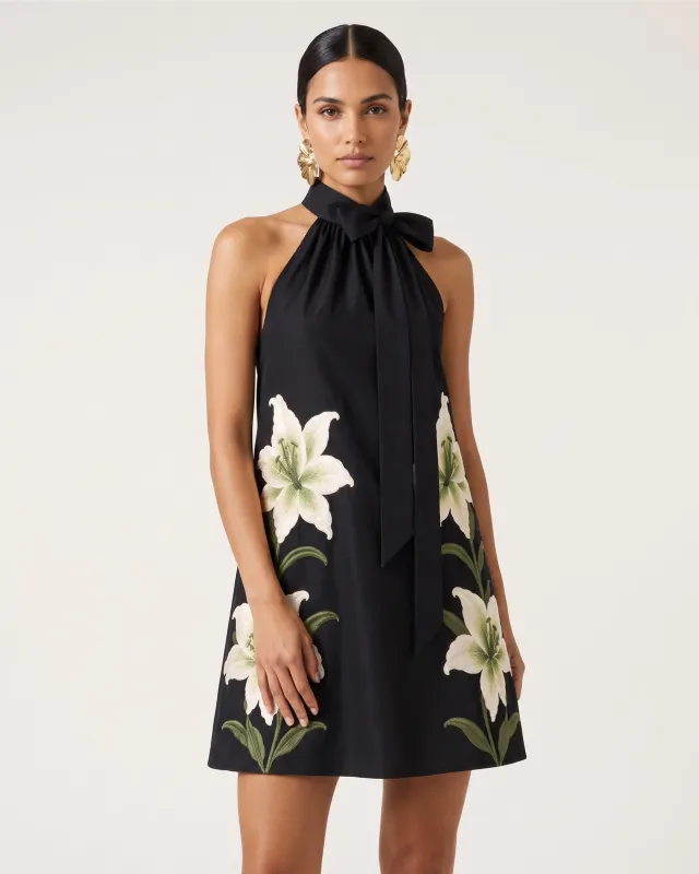 Lily Embroidered Bow Halter Mini Dress - Black made by JW PEI