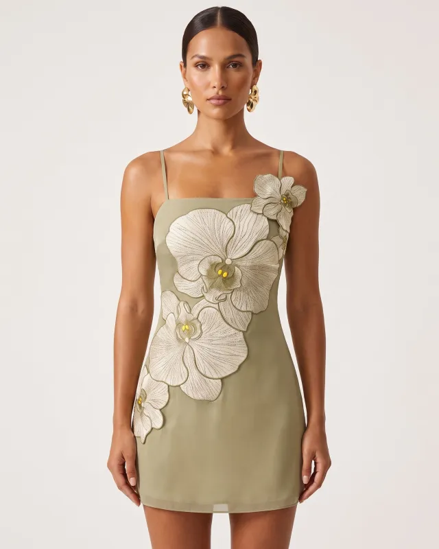 Orchid Appliqué Mini Dress - Light Khaki Grey made by JW PEI