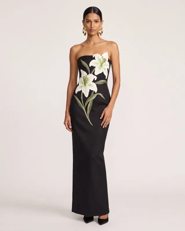 Lily Embroidered Strapless Column Maxi Dress - Black made by JW PEI