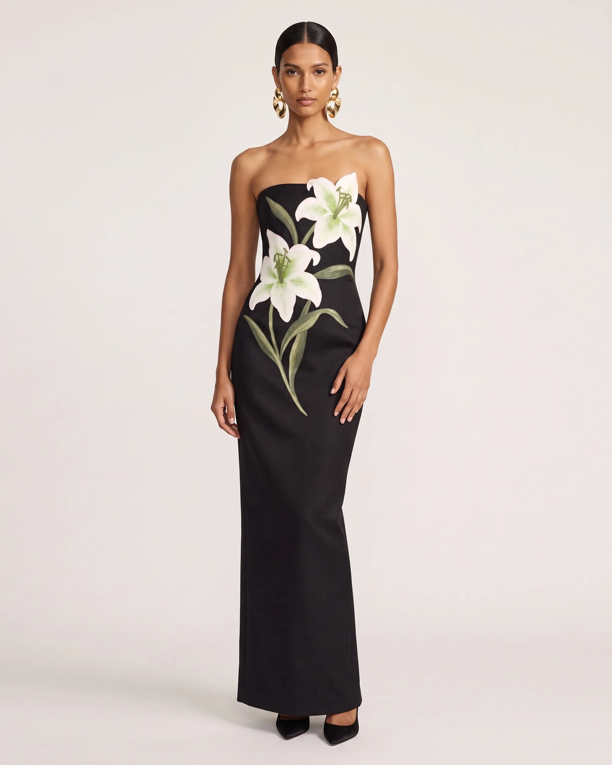 Lily Embroidered Strapless Column Maxi Dress - Black sold by JW PEI