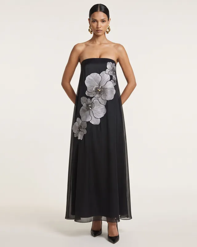 Orchid Embroidered Strapless Flowing Maxi Dress - Black made by JW PEI