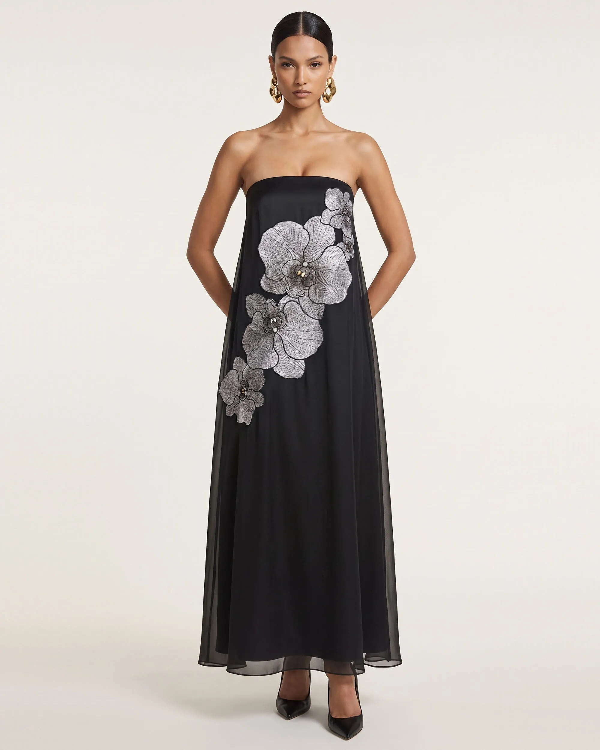 Orchid Embroidered Strapless Flowing Maxi Dress - Black sold by JW PEI