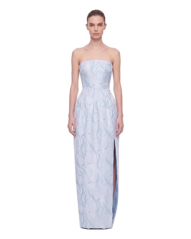 Floral Jacquard Strapless Slit Maxi Dress - Light Blue made by JW PEI