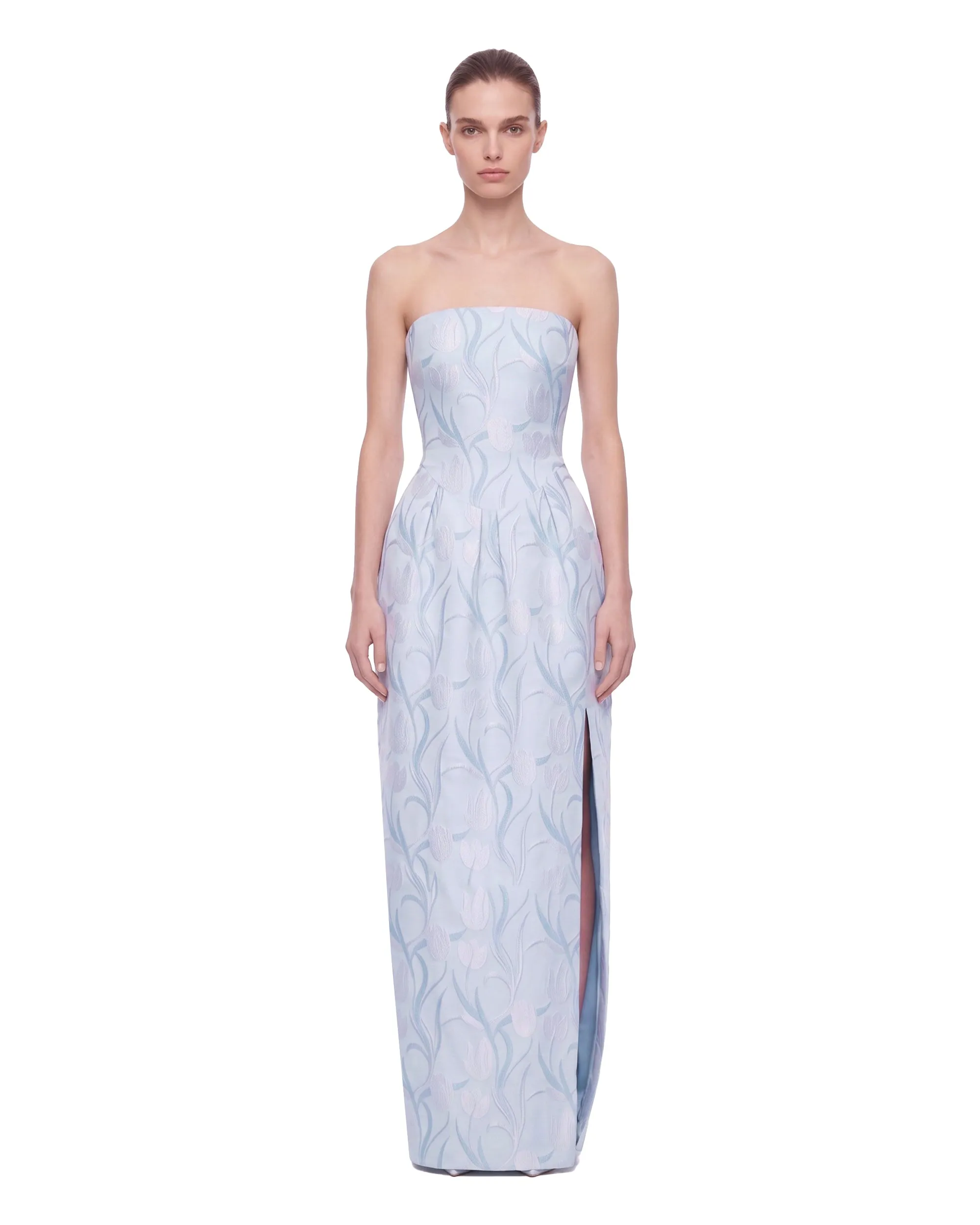 Floral Jacquard Strapless Slit Maxi Dress - Light Blue sold by JW PEI