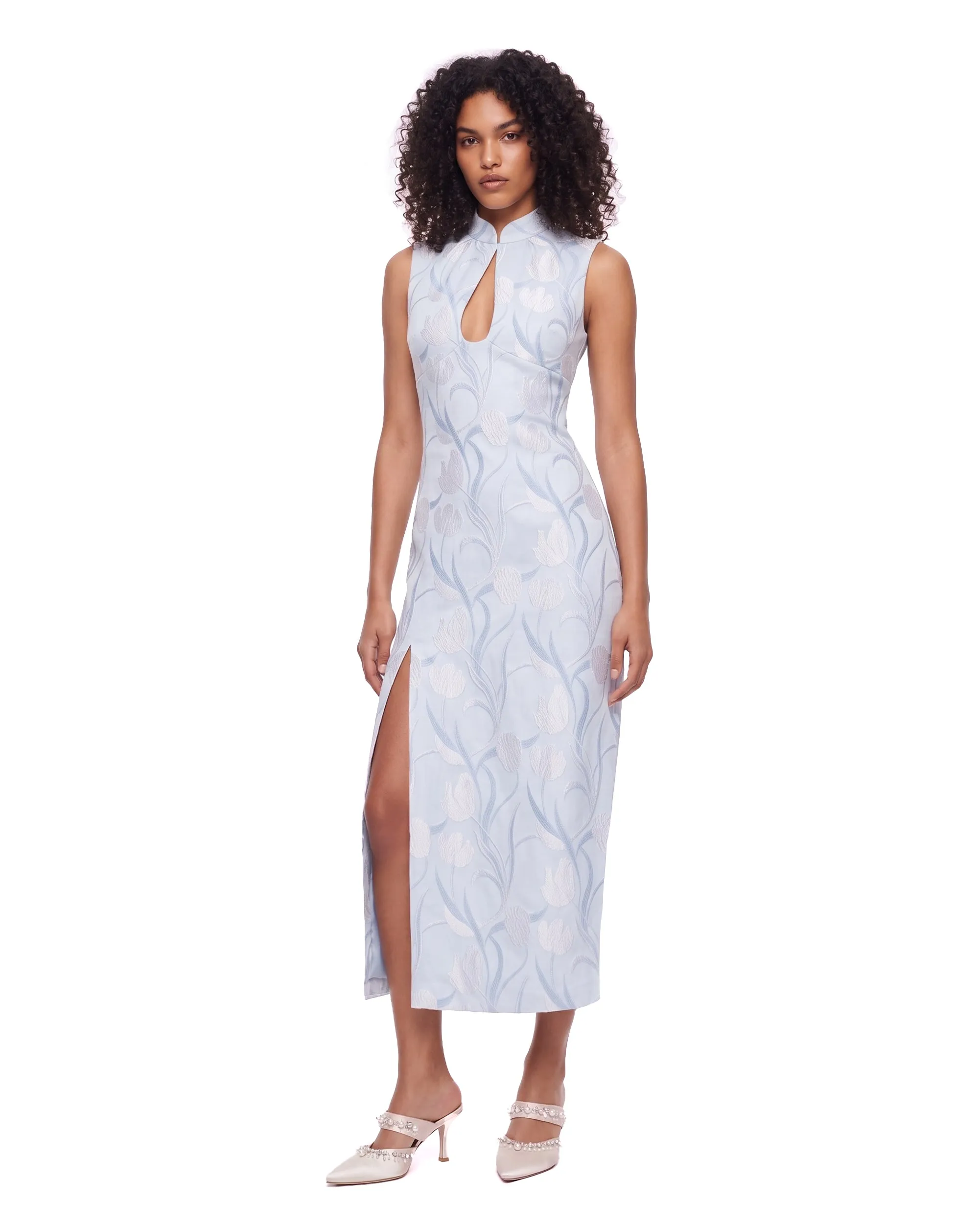 Floral Jacquard Keyhole Slit Midi Dress - Light Blue sold by JW PEI