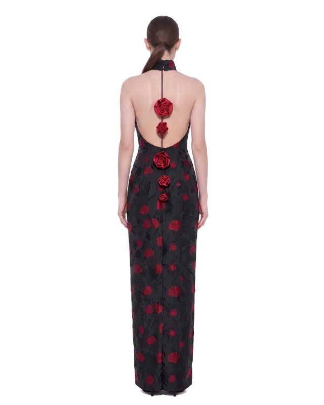 Floral Jacquard Halter Open-Back Maxi Dress - Black & Red made by JW PEI