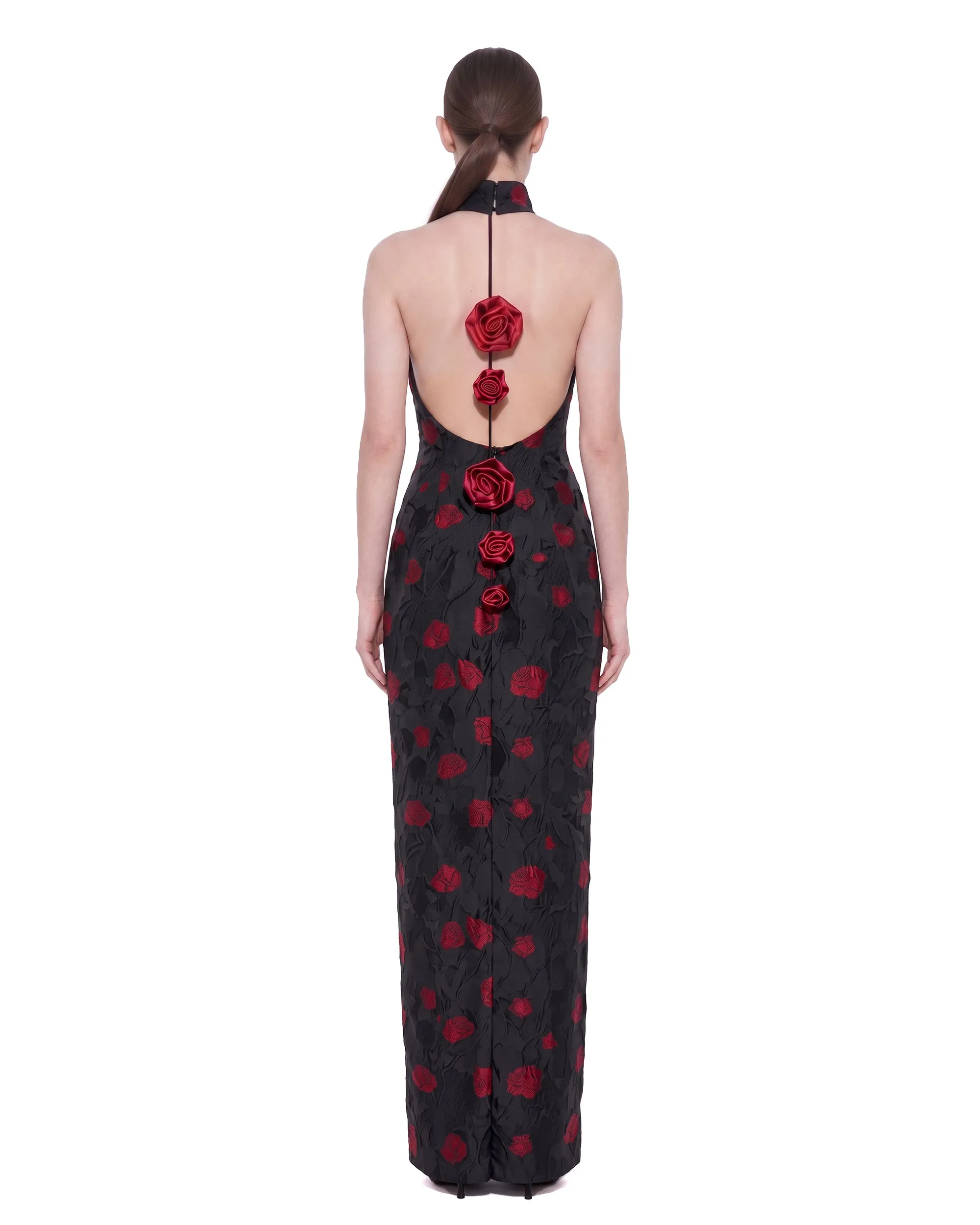 Floral Jacquard Halter Open-Back Maxi Dress - Black & Red sold by JW PEI