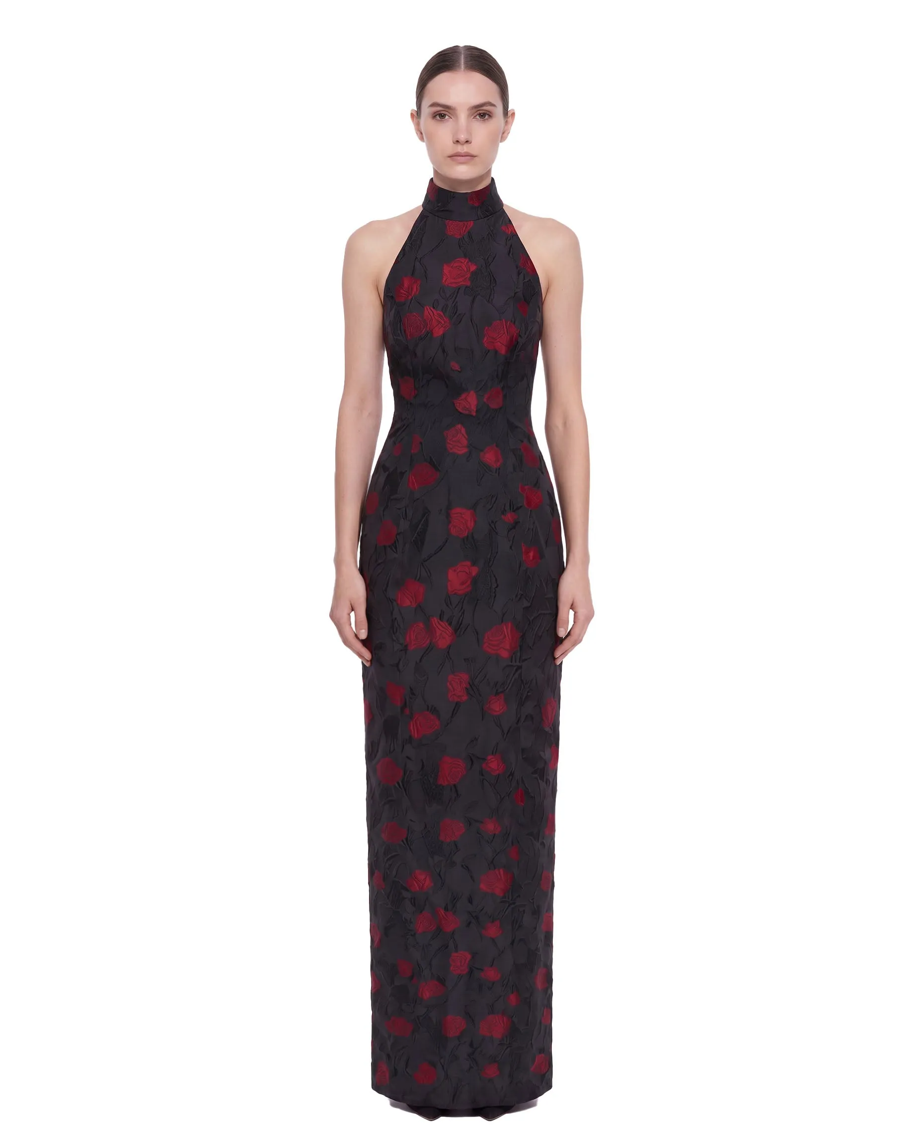 Floral Jacquard Halter Open-Back Maxi Dress - Black & Red sold by JW PEI product image thumbnail 2