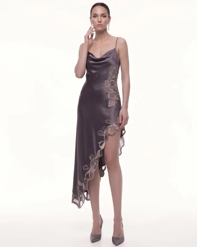 Floral Embroidered Cowl-Neck Asymmetric Midi Dress - Taupe made by JW PEI