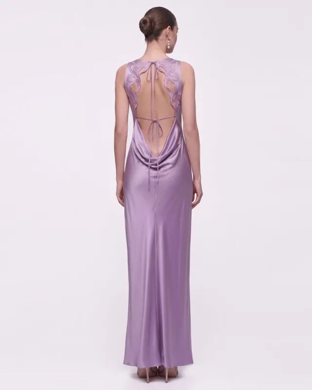 Floral Embellished Open-Back Satin Maxi Dress - Lilac made by JW PEI
