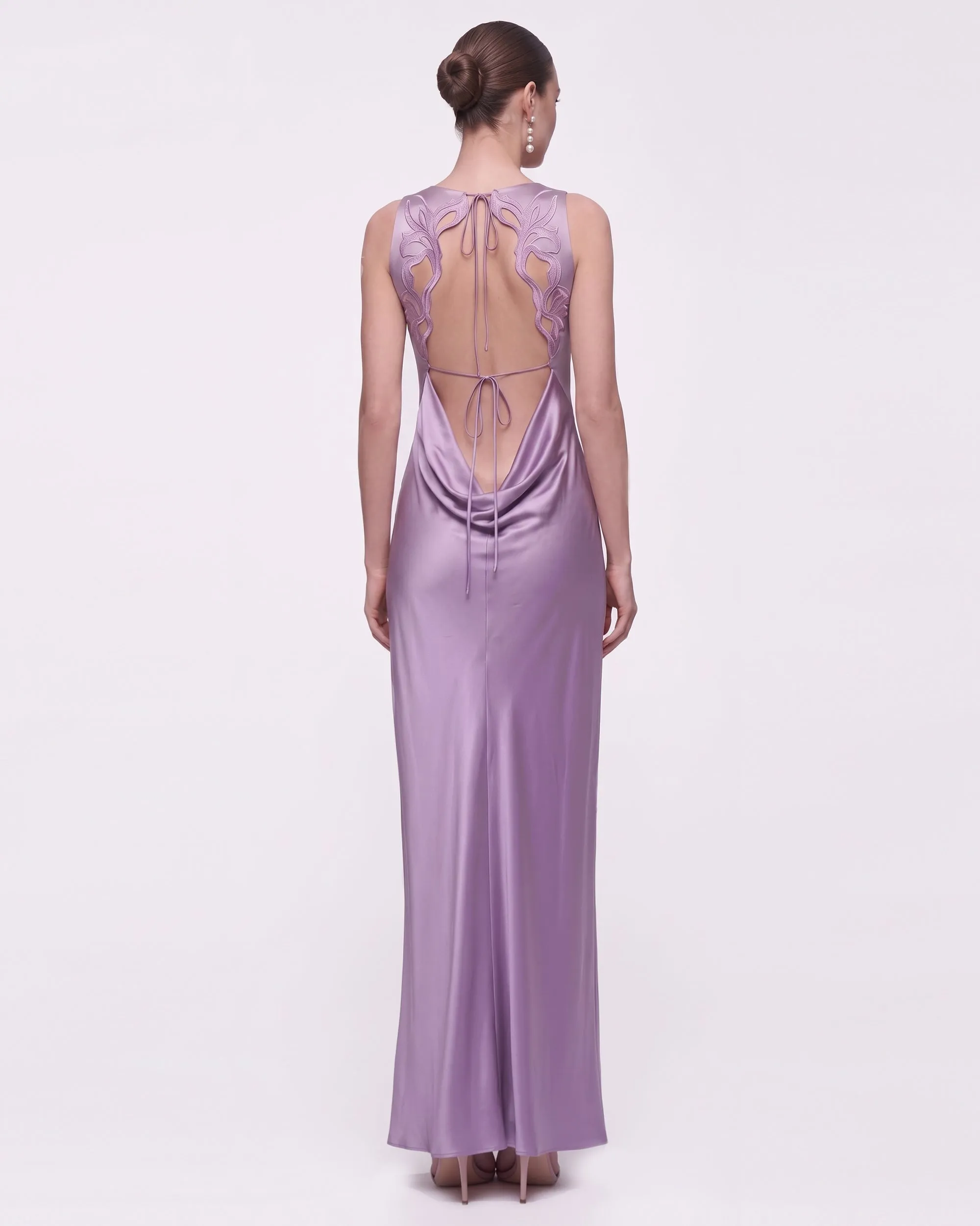 Floral Embellished Open-Back Satin Maxi Dress - Lilac sold by JW PEI