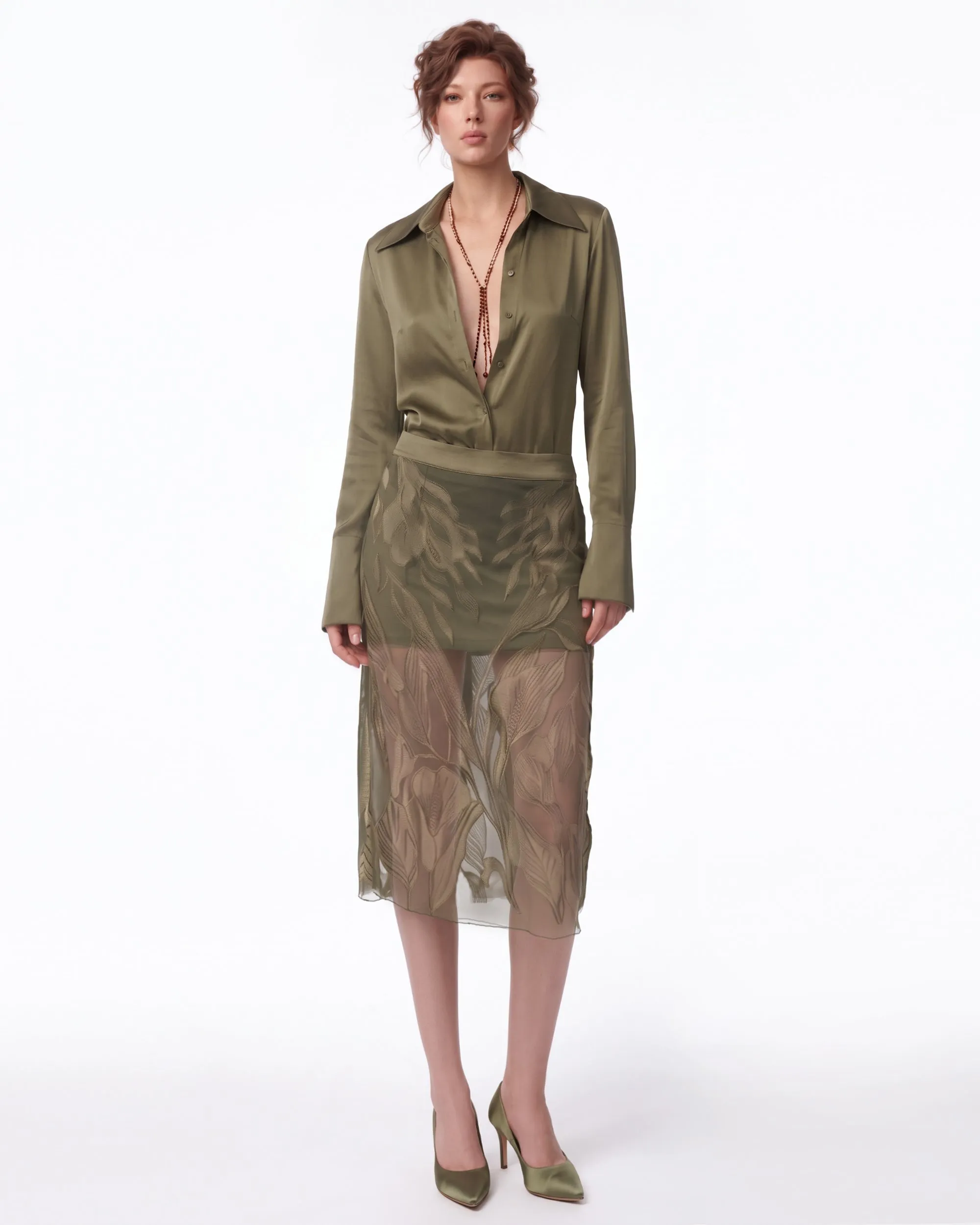 Floral Sheer-Panel Shirt Dress - Olive sold by JW PEI