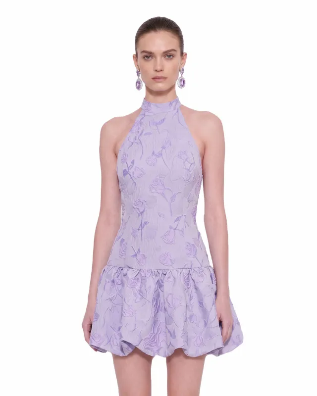Floral Jacquard Halter Drop-Waist Bubble Mini Dress - Lilac made by JW PEI