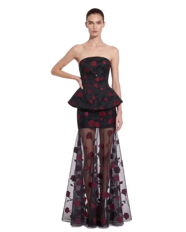 Floral Jacquard Strapless Peplum Top - Black & Red made by JW PEI