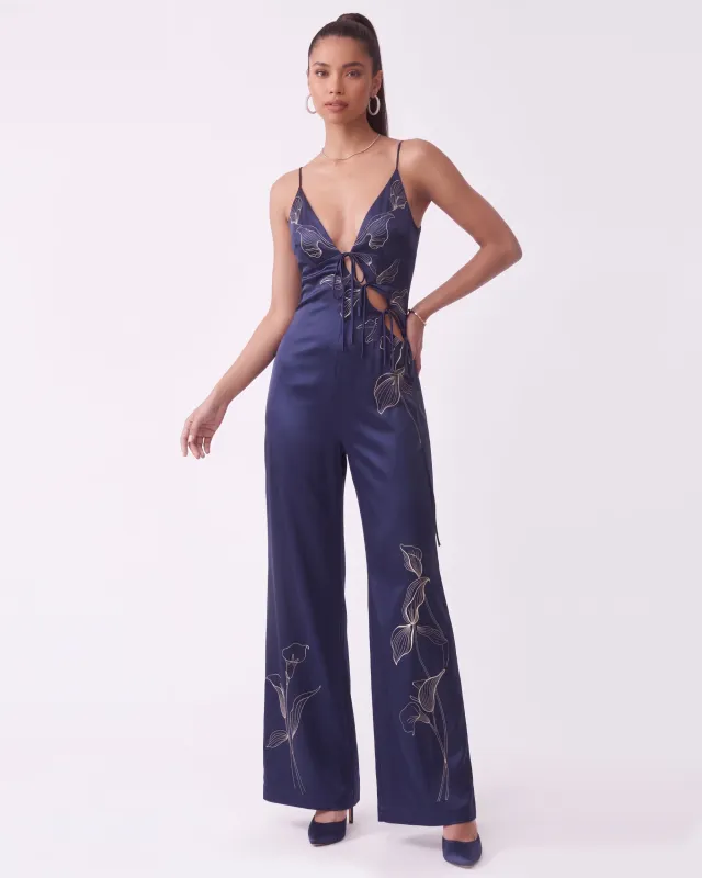 Floral Embroidered Cutout Wide-Leg Jumpsuit - Navy made by JW PEI
