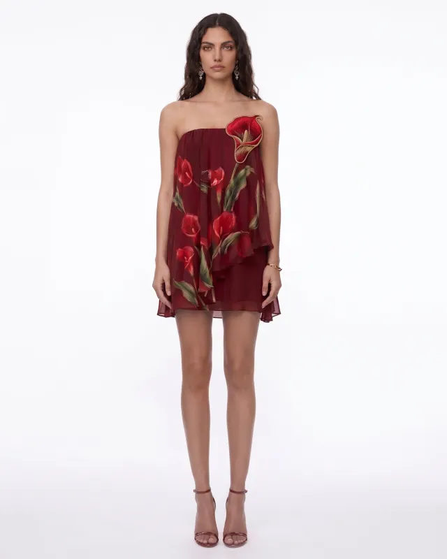 Floral Embellished Strapless Layered Mini Dress - Burgundy made by JW PEI