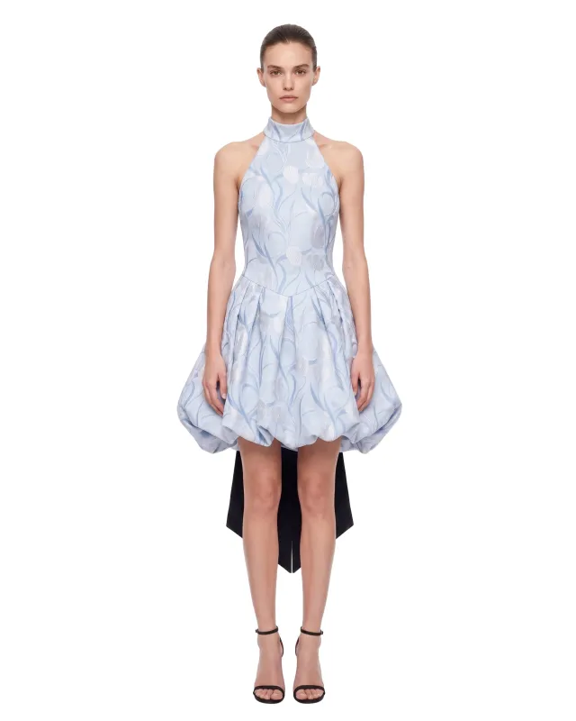 Floral Halter Bow Bubble Mini Dress - Light Blue made by JW PEI